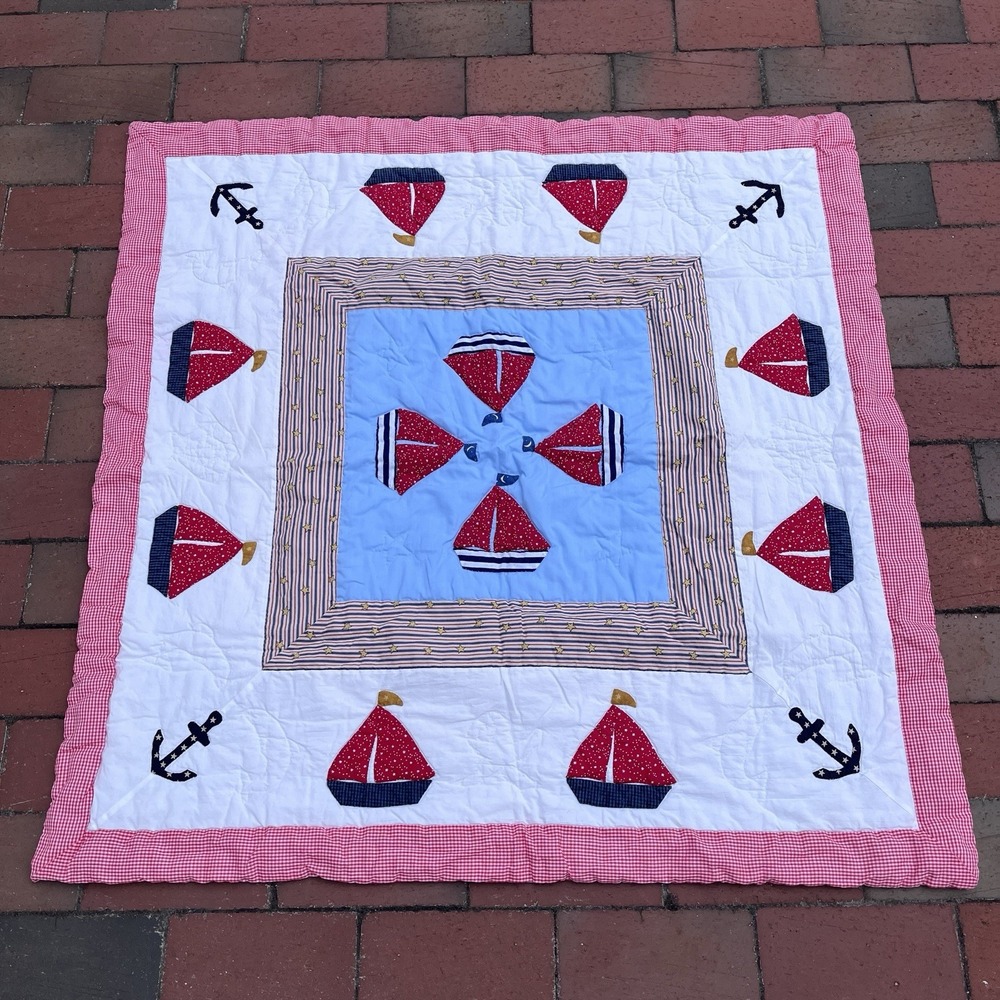 Handmade Sailboat Boys Crib Quilt, Red White Blue, Gorgeous One Of A Kind 38x38"